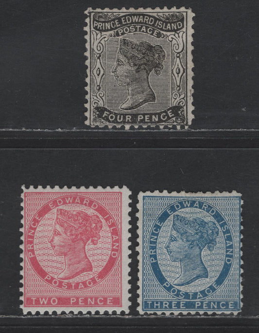 Lot 71 PEI #5-6, 9 2d - 4d Rose - Black Queen Victoria, 1862-1870 Queen Victoria Issue, 3 VG/FOG & Unused Singles, White Paper, Perf 12