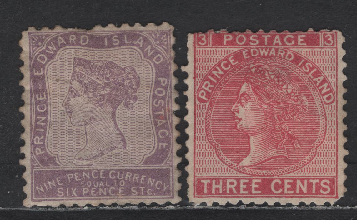 Lot 73 PEI #8, 13 9d - 3c Violet - Rose Queen Victoria, 1862-1872 Queen Victoria Pence & Cents Issues, 2 G/VGOG & Unused Singles, 9d Is Perf 11, 3c Is Perf 12, Small Tear On 9d In Bottom Margin