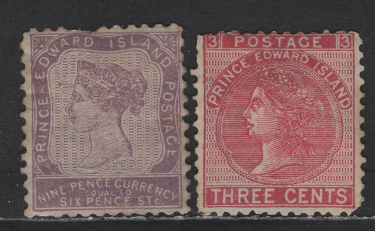 Lot 73 PEI #8, 13 9d - 3c Violet - Rose Queen Victoria, 1862-1872 Queen Victoria Pence & Cents Issues, 2 G/VGOG & Unused Singles, 9d Is Perf 11, 3c Is Perf 12, Small Tear On 9d In Bottom Margin