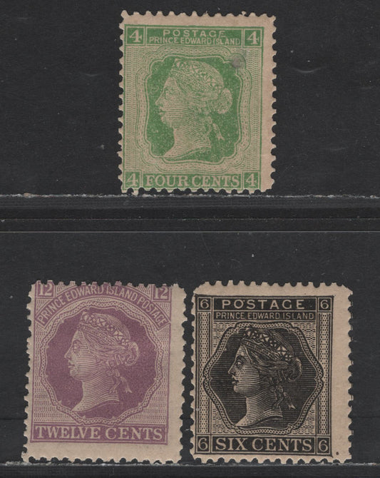 Lot 75 PEI #14-16 4c - 12c Green - Violet Queen Victoria, 1872 Queen Victoria Cents Issue, 3 VG/FOG Singles, , 3c Is Perf 125x13