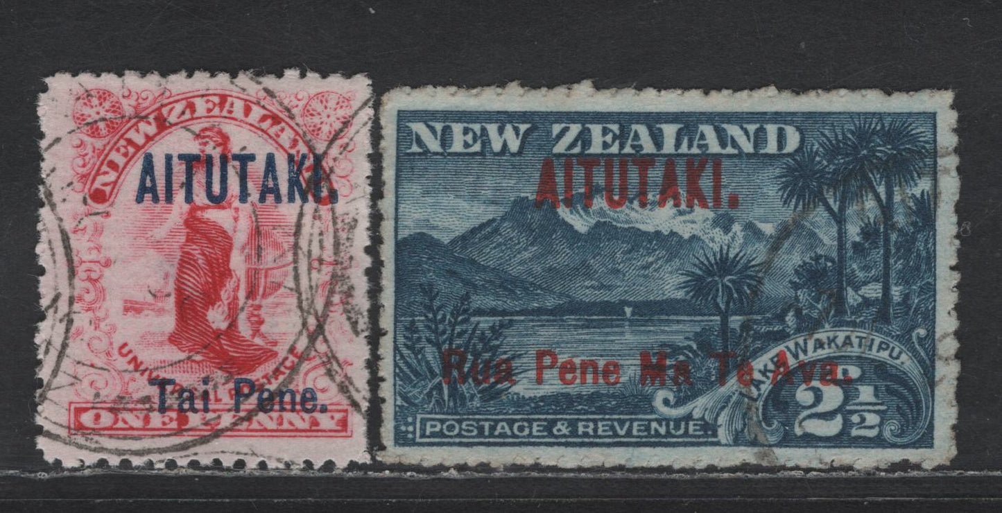 Lot 80 Aitutaki SG#2-3 1d - 25d Carmine - Deep Blue Woman - Mountain, 1903-1911 Overprinted Pictorial Issue, 2 Fine/Very Fine Used Singles, Perf 14