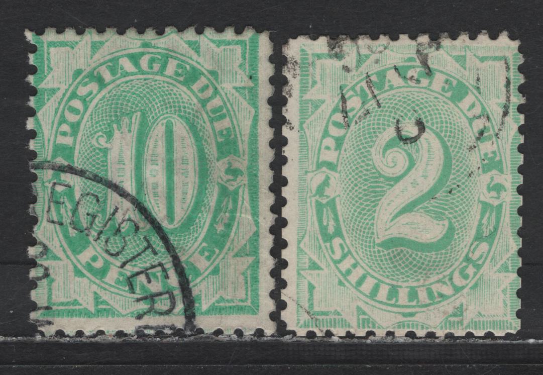 Lot 84 (C) Australia SG#D20, D30 10c - 2/- Emerald Numerals, 1902-1904 Postage Dues, 2 Fine Used Singles, Perf 12x11 & 115x12