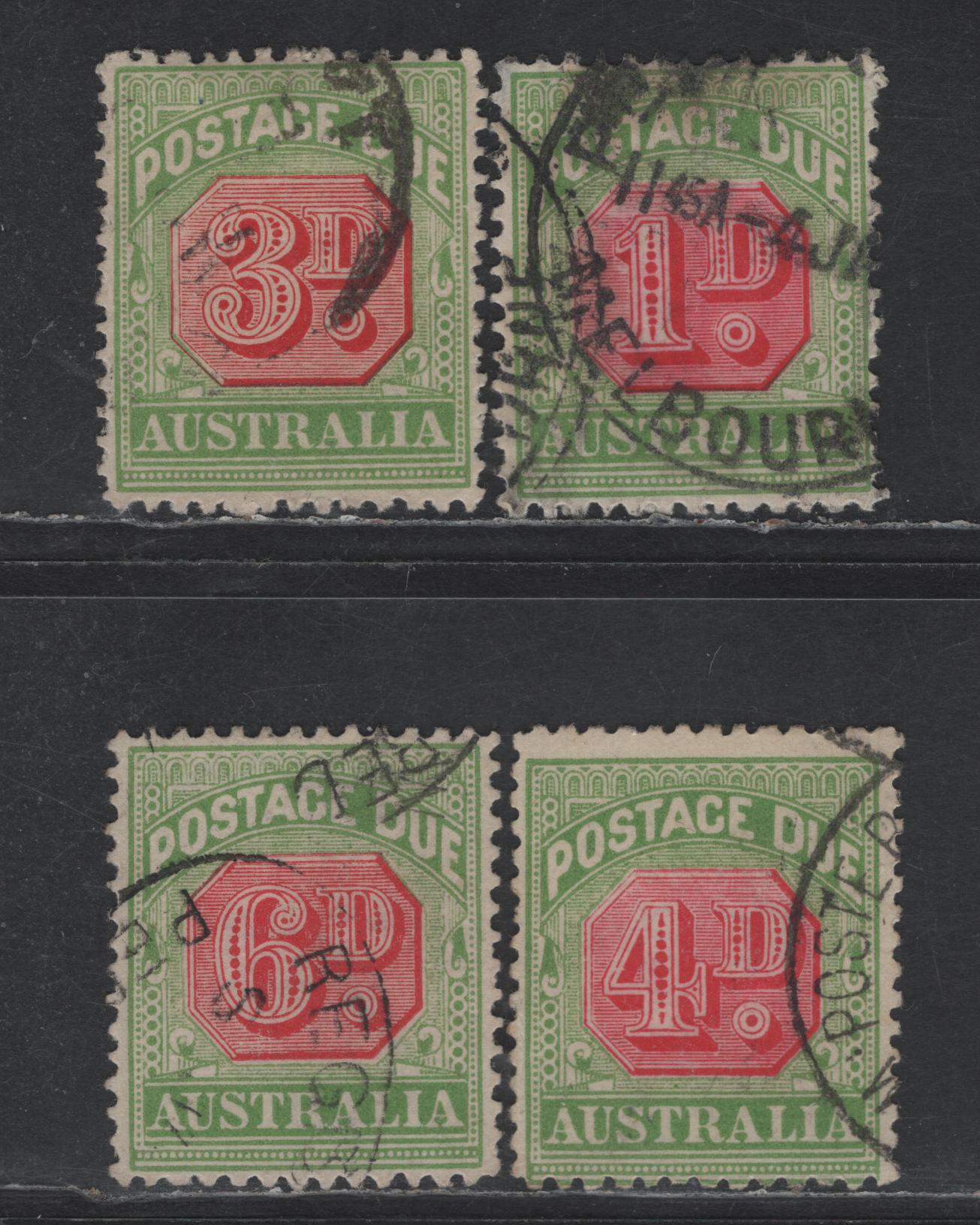 Lot 92 (C) Australia SG#D64b, D66-D68 1d - 6d Rosine & Yellow Green - Rosine & Green Numerals, 1909-1910 Postage Dues, 4 Fine/Very Fine Used Singles, Comb Perf 12x125, Double Lined Crown Over A Wmk