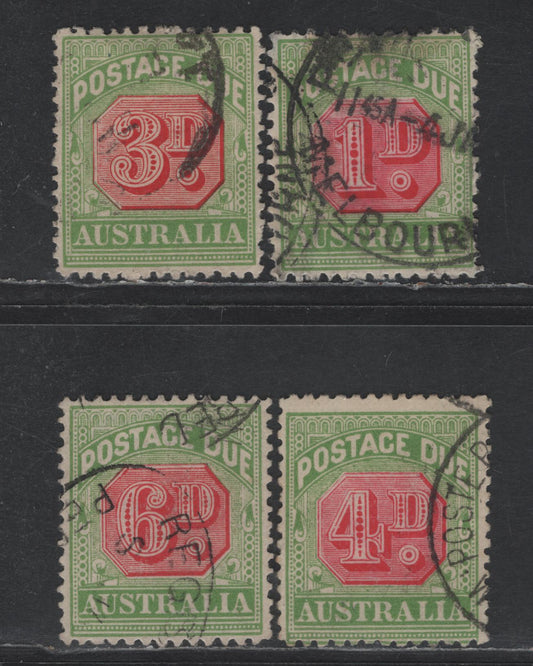 Lot 92 (C) Australia SG#D64b, D66-D68 1d - 6d Rosine & Yellow Green - Rosine & Green Numerals, 1909-1910 Postage Dues, 4 Fine/Very Fine Used Singles, Comb Perf 12x125, Double Lined Crown Over A Wmk