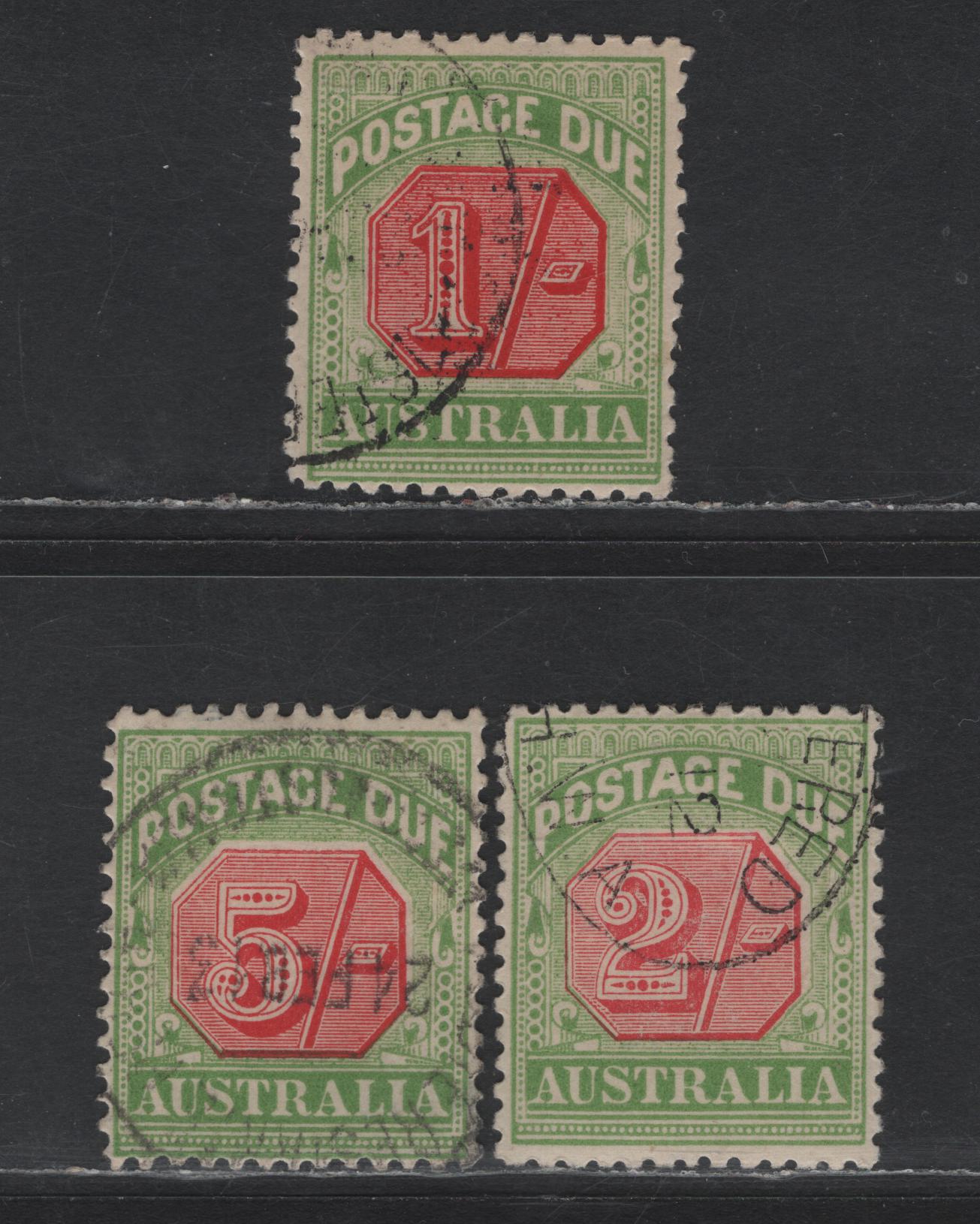 Lot 93 Australia SG#D69-D71 1/- - 5/- Rosine & Yellow Green Numerals, 1909-1910 Postage Dues, 3 Very Fine Used Singles, Perf 12x125, CTO Examples, Full Or Partial Gum