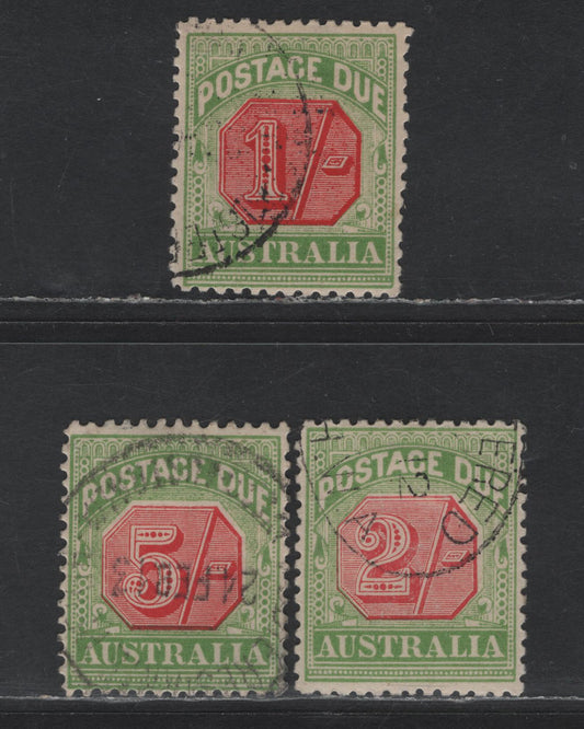 Lot 93 Australia SG#D69-D71 1/- - 5/- Rosine & Yellow Green Numerals, 1909-1910 Postage Dues, 3 Very Fine Used Singles, Perf 12x125, CTO Examples, Full Or Partial Gum
