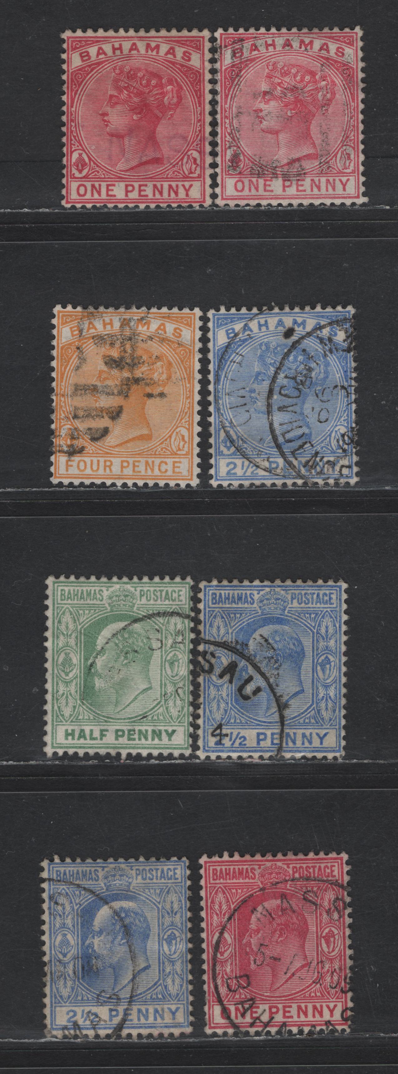 Lot 94 (C) Bahamas SG#48-49, 52-53, 63, 71-73 1d - 25d Carmien Rose - Ultramarine Queen Victoria - King Edward VII, 1884-1911 Keyplates Issues, 8 Fine/Very Fine Used Singles, Crown CA & Multiple Crown CA Wmks