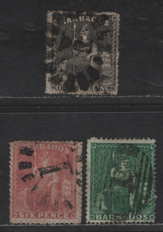 Lot 96 (C) Barbados SG#17, 29, 35 1/2d - 1/- Deep Green - Black Britannia, 1870-1871 Britannia Issues, 3 Fine/Very Fine Used Singles, Clean Cut, Perfs 14-16 & Rough 14-16, Unwatermarked