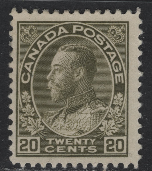 Lot 10 Canada #119iv 20c Gray Olive King George V, 1911-1925 Admiral Issue, A FOG Single, Dry Printing, Redrawn Frameline, Gum Redistributed To Appear NH.