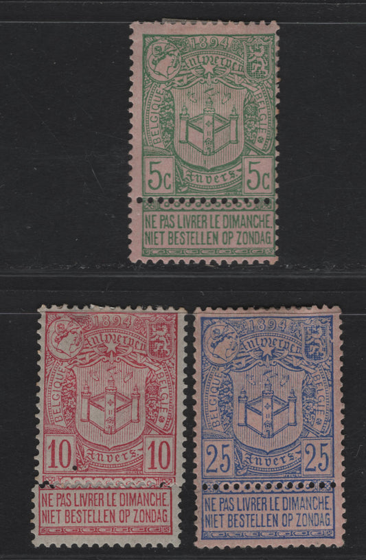 Lot 104 Belgium SC#76-78 5c - 25c Green on Rose - Blue on Rose Antwerp Exhibition, 1894 Antwerp Exhibition, 3 F/VFOG Singles, Label Reattached On 10c
