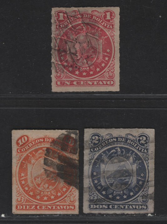 Lot 107 Bolivia SC#24-25, 27 1c - 10c Rose - Orange Coat of Arms, 1887 Coat of Arms Issue, 3 Very Fine Used Singles
