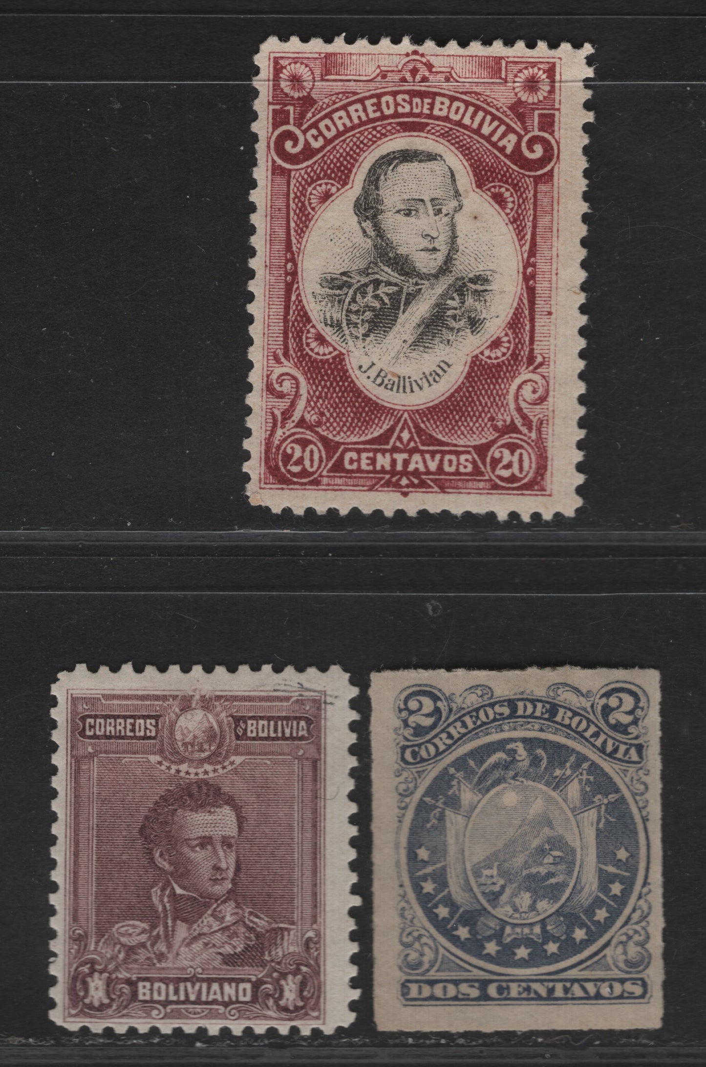 Lot 108 Bolivia SC#25, 51, 68 2c - 1b Violet - Gray Violet Coat of Arms - Du Sucre, 1887-1899 Rouletted Coat of Arms - Du Sucre Issues, 3 FOG Singles