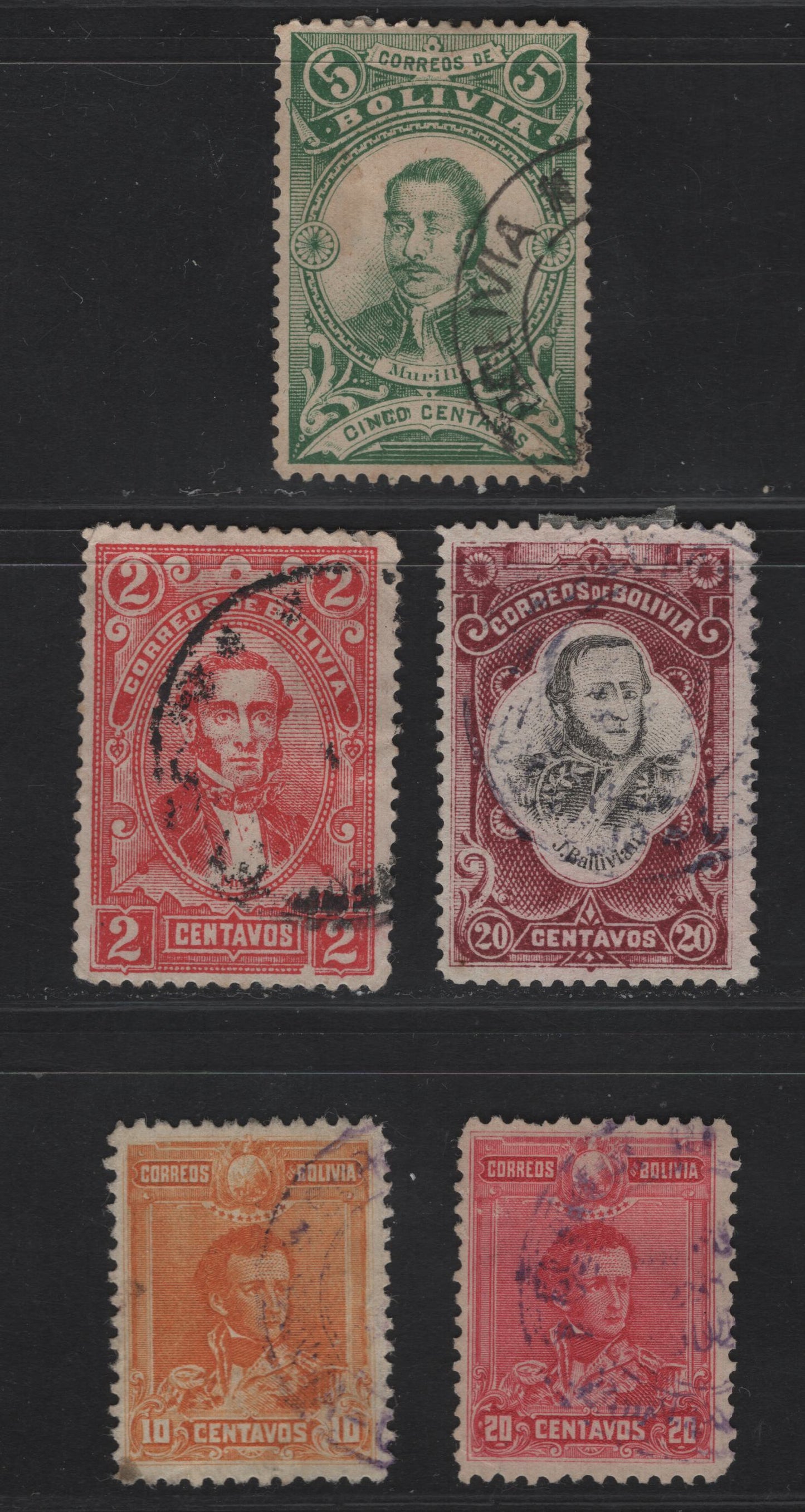 Lot 109 Bolivia SC#48-49, 51, 65-66 2c - 20c Red - Rose Pink Portraits - Du Sucre, 1897-1899 Portraits - Du Sucre Issues, 5 Fine/Very Fine Used Singles