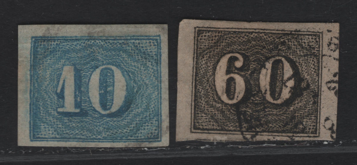 Lot 113 Brazil SC#24, 37a 10r - 60r Pale Blue - Black Cats Eyes, 1850-1854 Cats Eyes Issue, 2 Very Fine Used Singles