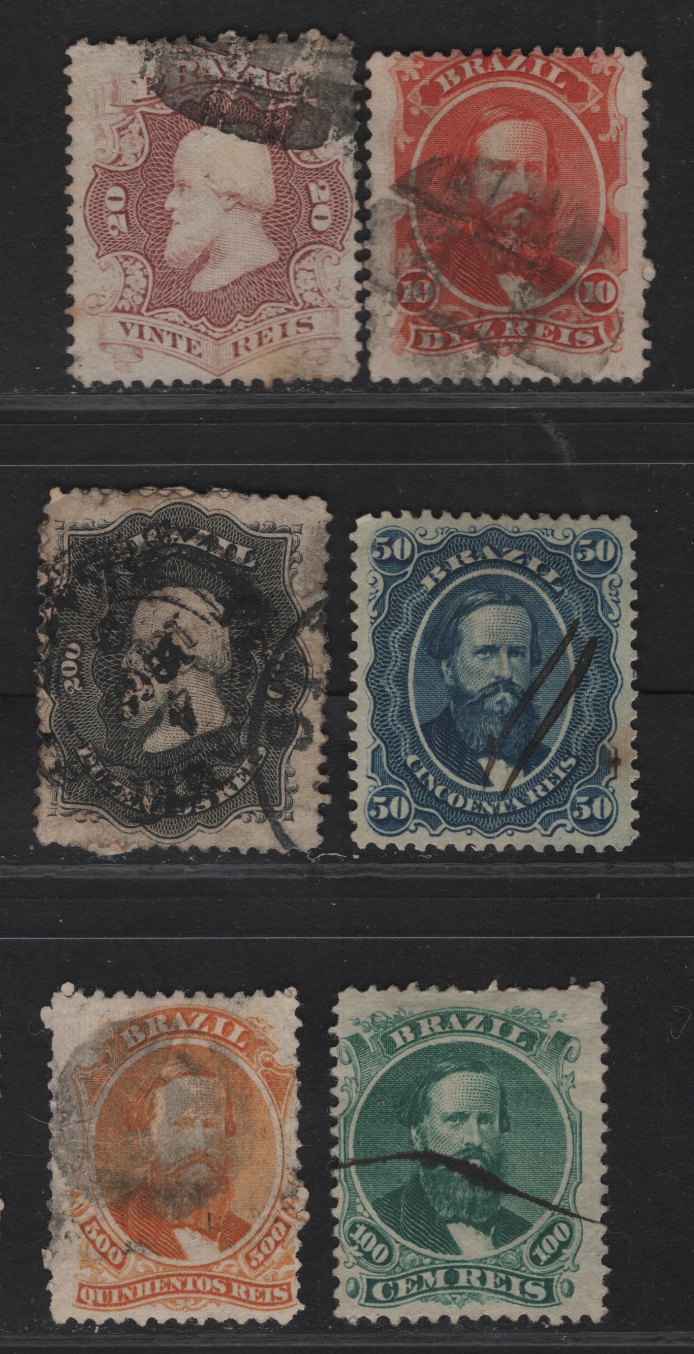 Lot 115 Brazil SC#53-55, 58, 60 10r - 500r Vermillion - Orange Dom Pedro, 1866 Dom Pedro Perforated Issue, 5 Very Good Used Singles, Vertical Crease On 50r, 100r is Type III