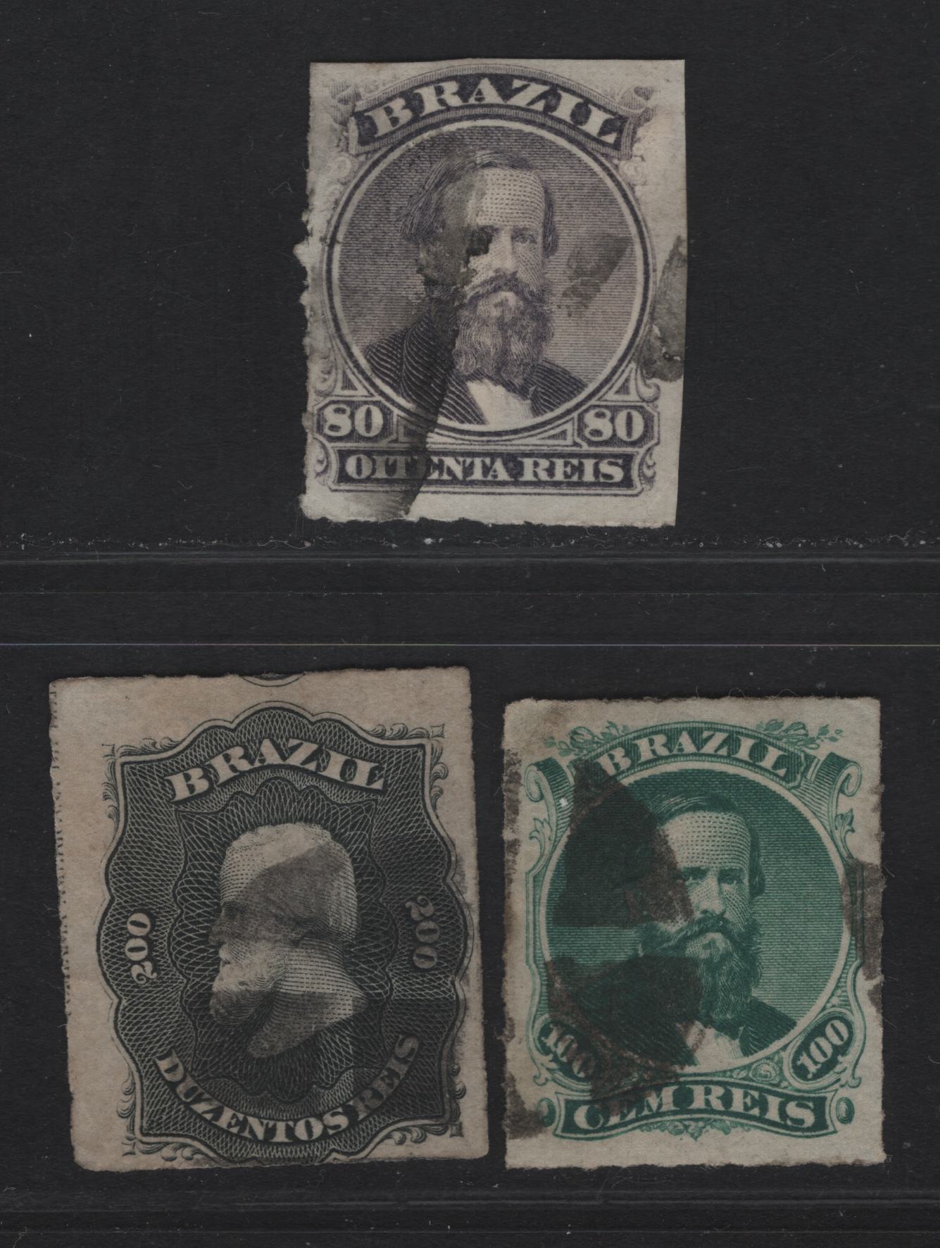 Lot 116 Brazil SC#64-66 80r - 200r Violet - Black Dom Pedro, 1876-1877 Rouletted Dom Pedro Issue, 3 Very Good/Fine/Very Fine Used Singles, 80r Has Roulettes Trimmed On 2 Sides