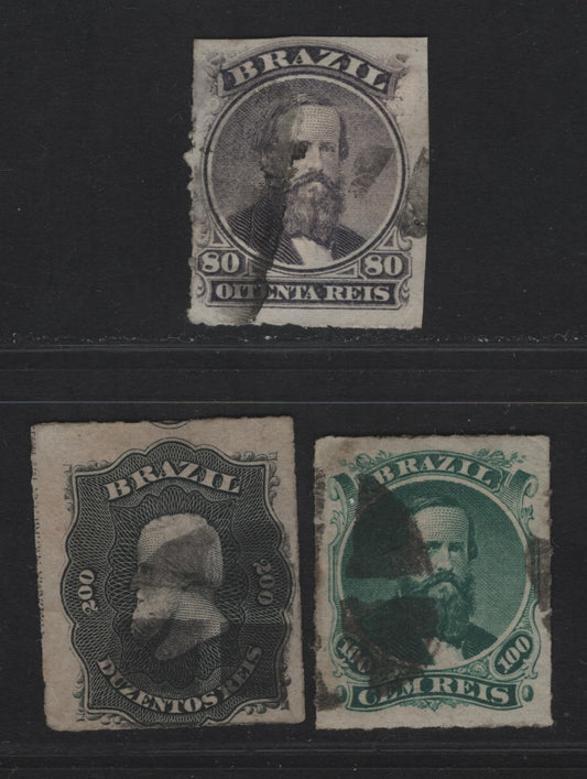Lot 116 Brazil SC#64-66 80r - 200r Violet - Black Dom Pedro, 1876-1877 Rouletted Dom Pedro Issue, 3 Very Good/Fine/Very Fine Used Singles, 80r Has Roulettes Trimmed On 2 Sides