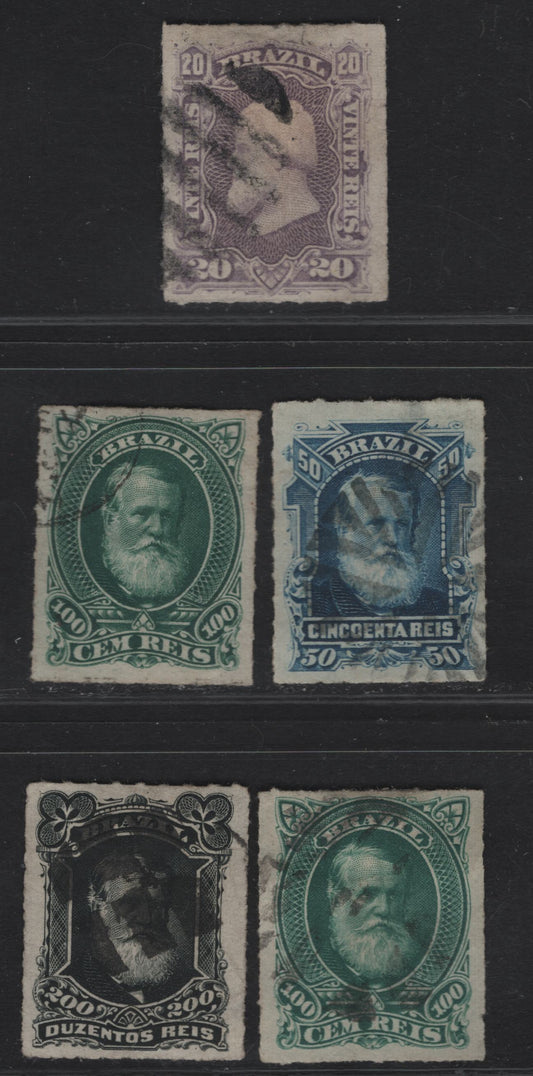 Lot 118 Brazil SC#69-70, 72-73 20r - 200r Violet - Black Dom Pedro, 1879 Rouletted Dom Pedro Issue, 5 Very Fine Used Singles, White Beard, Includes 2 Shades Of Green On 100r