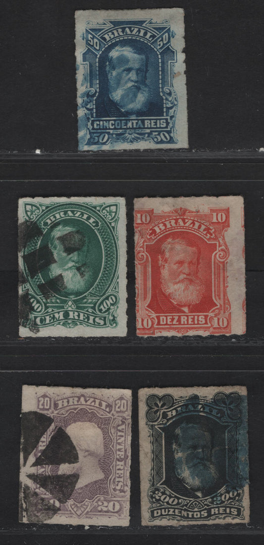 Lot 119 Brazil SC#68-70, 72-73 10r - 200r Vermillion - Black Dom Pedro, 1876-1879 Dom Pedro Issue, 5 Fine Used Singles
