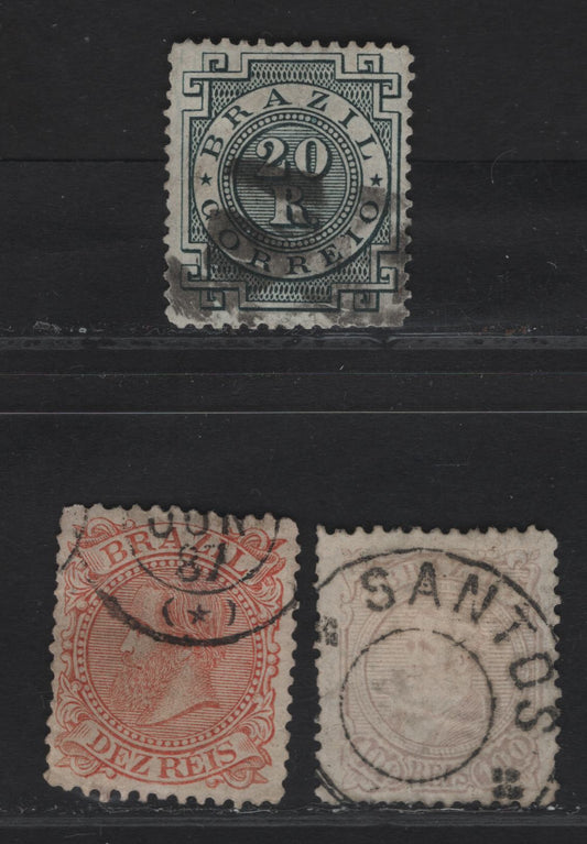 Lot 120 Brazil SC#86-87, 90 10r - 100r Orange - Lilac Dom Pedro - Numerals, 1884-1885 Dom Pedro Sidefaces & Numeral Issue, 3 Fine Used Singles, 100r Lilac Type 1, Laid Papers