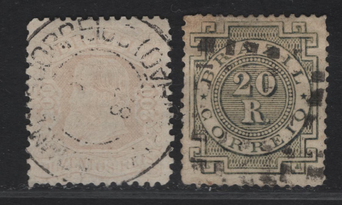 Lot 121 Brazil SC#85, 87a 200r - 20r Pale Rose - Olive Green Dom Pedro - Numerals, 1882-1885 Dom Pedro Sidefaces & Numeral Issue, 2 Very Fine Used Singles, Color Slight Faded In 200r, 200r Type II