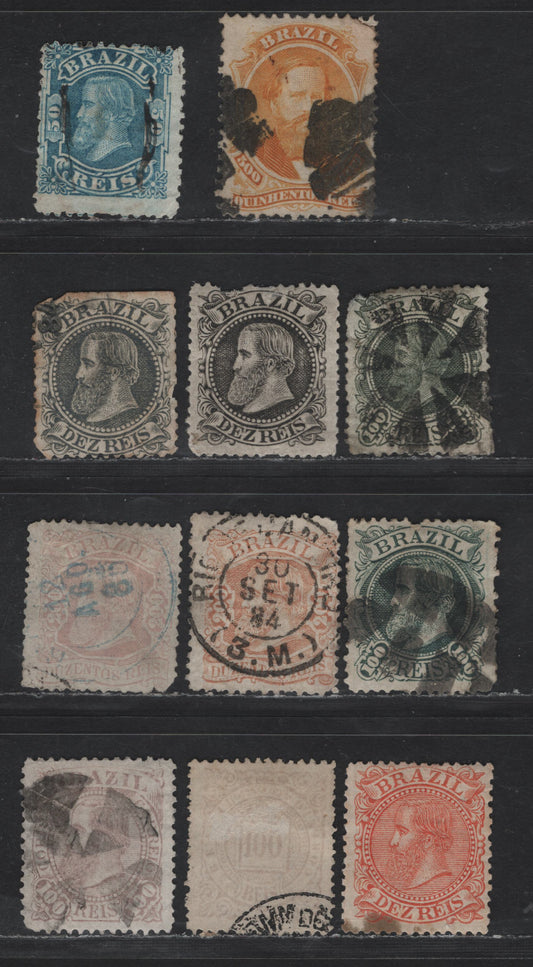 Lot 122 Brazil SC#79, 60, 80, 82-83, 86, 90, 92 500r - 100r Orange - Lilac Dom Pedro, 1866-1885 Dom Pedro Sidefaces & Numeral Issue, 8 Ungraded Singles, All With Various Faults, Presentable & Useful as Space Fillers