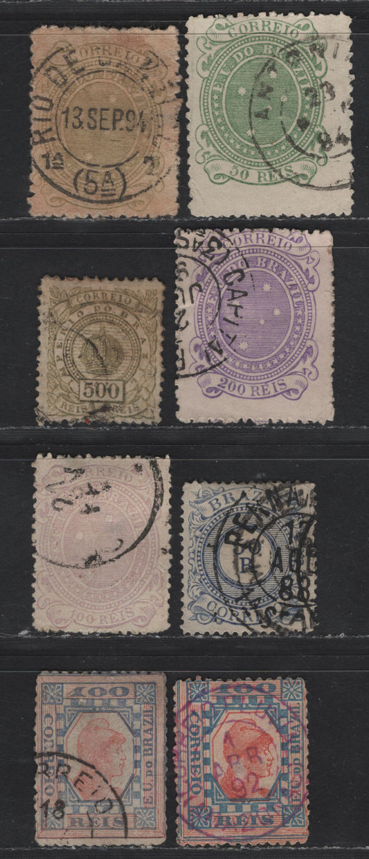 Lot 123 Brazil SC#93, 95, 100b, 102, 103a, 105, 109, 109c 50r - 100r Chalky Blue - Ultramarine & Red Crown & Numeral - Liberty Head, 1887-1891 Crown & Numeral - Liberty Heads Issues, 8 Fine Used Singles