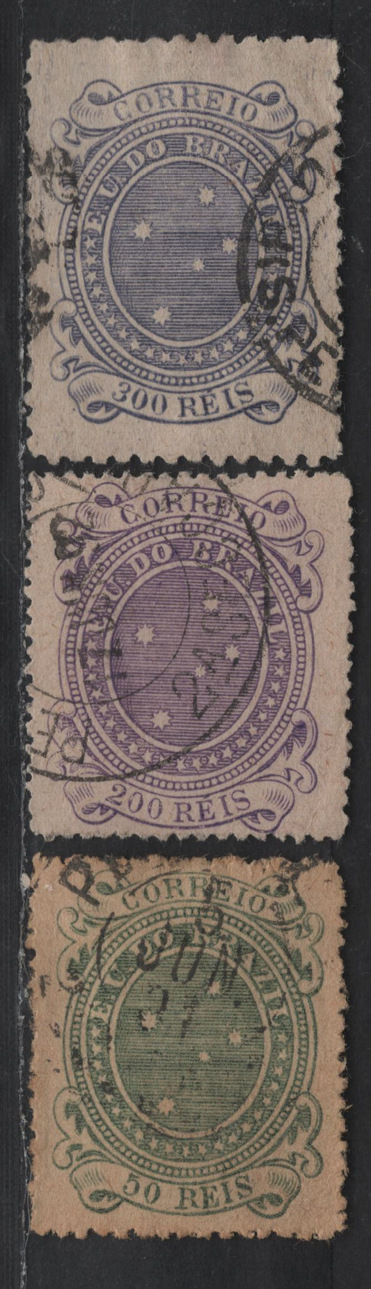 Lot 124 Brazil SC#100, 103, 104c 50r - 200r Gray Green - Slate Violet Southern Cross, 1890-1891 Southern Cross Definitives, 3 Fine/Very Fine Used Singles, 300r Has A Light Crease