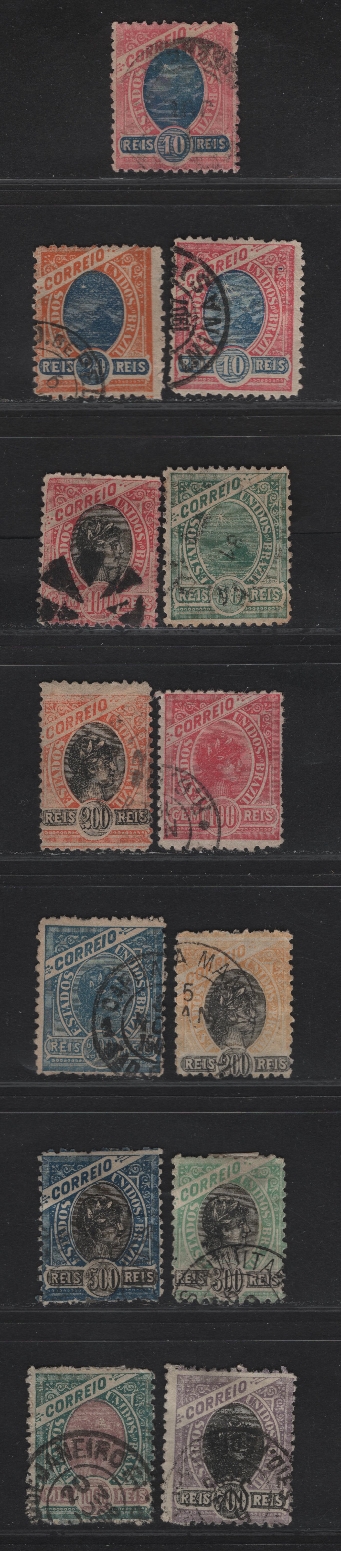 Lot 127 Brazil SC#113-a, 114, 116, 118,c, 119-120, 121a, 122, 159-161 10r - 1000r Rose & Blue - Green & Violet Newspaper - Southern Cross, 1894-1900 Liberty Heads, Sugarloaf Mountain & Hermes Head Issue, 13 Fine/Very Fine Used Singles