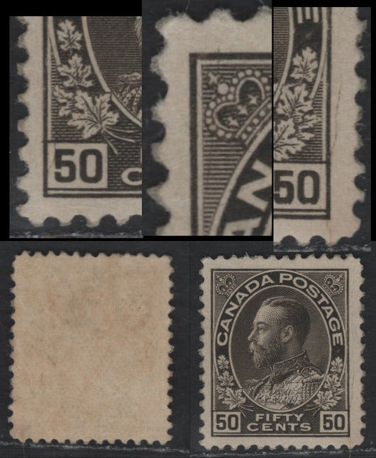 Lot 12 Canada #120a 50c Black King George V, 1911-1925 Admiral Issue, A VFOG Single, Wet Printing, Very Lightly Retouched Frameline, Two Curved Hairline Scratches At Left & Right, Original Gum But Redistributed To Appear NH.