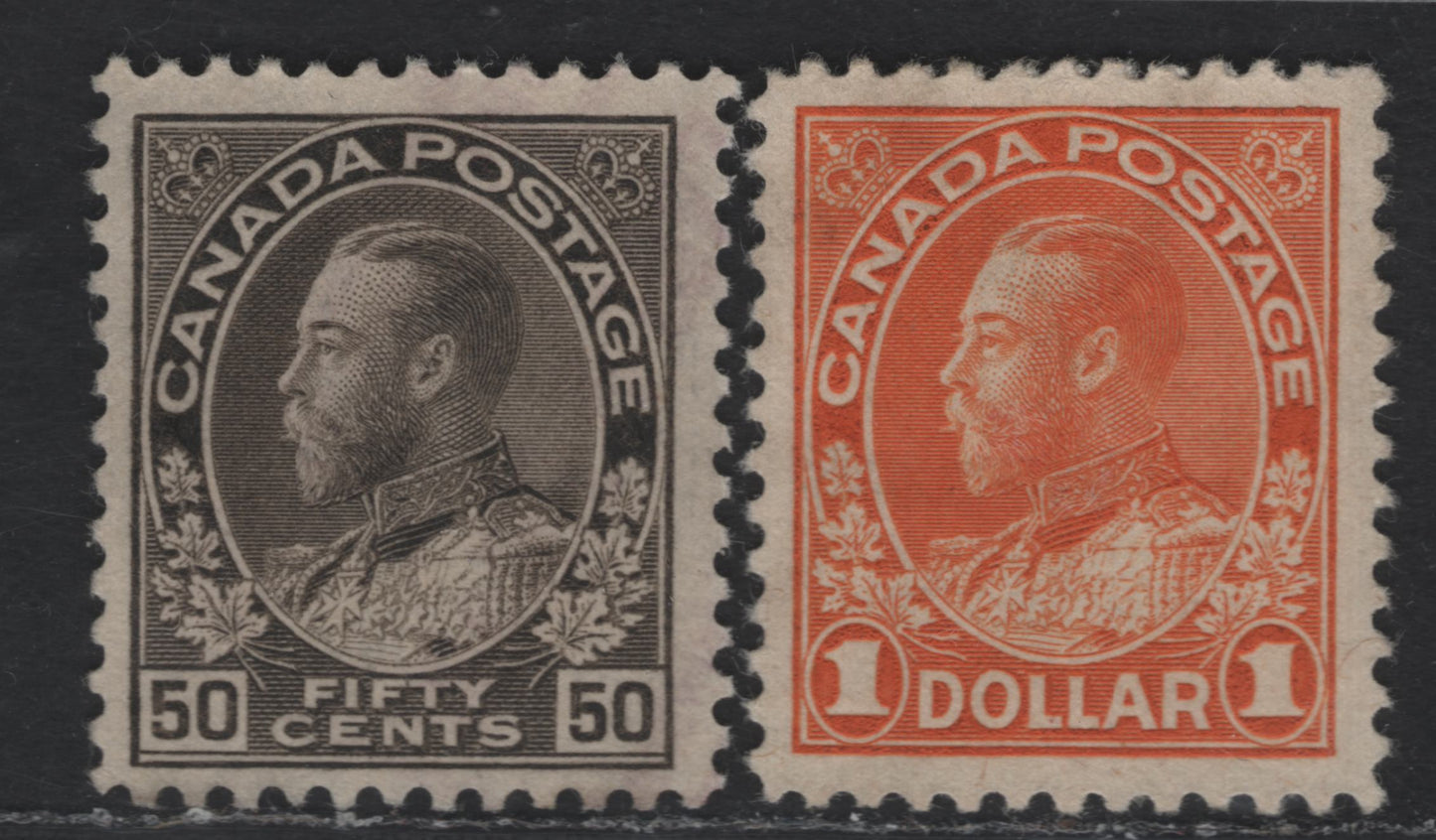 Lot 13 Canada #120, 122iv 50c - $1 Black Brown - Brown Orange King George V, 1911-1925 Admiral Issue, 2 Very Fine Used Singles, Dry Printings, Very Light Cancels.