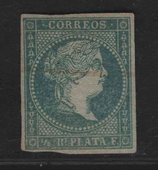Lot 140 Cuba SC#1 1/2rp Blue Green Queen Isabella II, 1855 Queen Isabella II Issue, A Very Fine Used Single, Bluish Paper, Loops Wmk