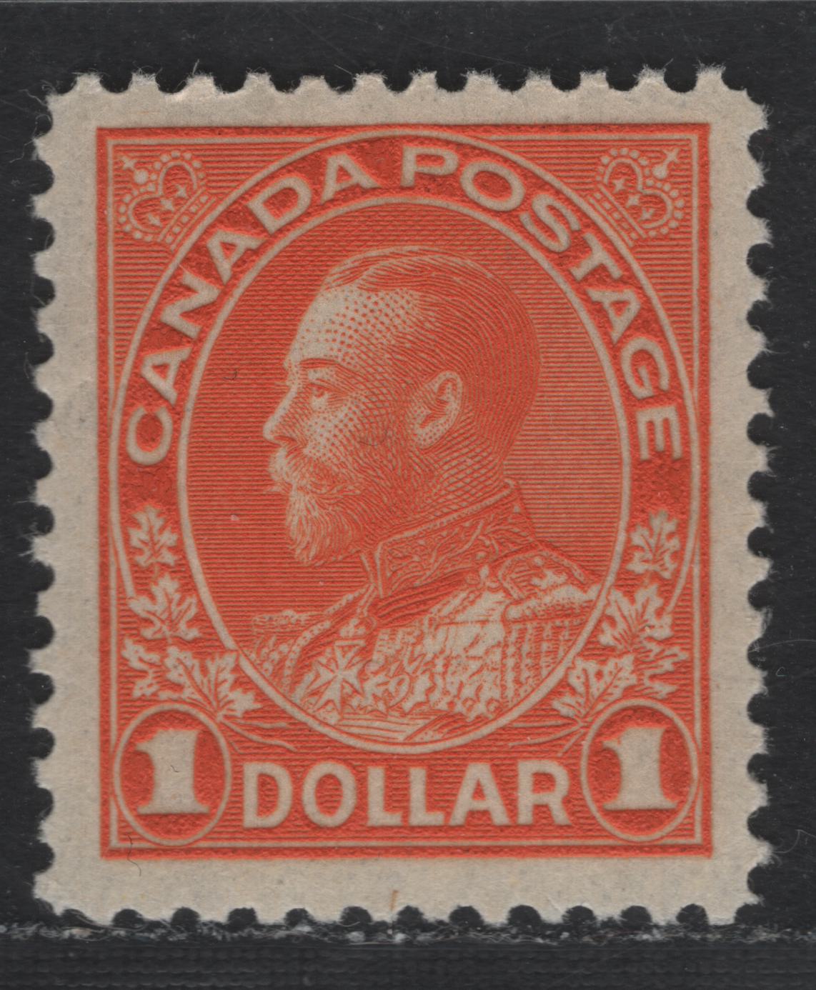 Lot 14 Canada #122 $1 Reddish Orange King George V, 1911-1925 Admiral Issue, A VFOG Single, Dry Printing, Retouched Frameline, Smooth Semi Glossy Gum.