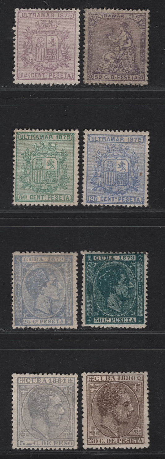 Lot 141 Cuba SC#60, 63-65, 80, 65, 92, 97b 50c - 5c Deep Violet - Bluish Gray Espana - King Alfonso XII, 1874-1881 Espana - King Alfonso XII Issues, 8 F/VFOG & Unused Singles, 60-65 Are Without Gum, As is 97b, Others Have Gum.