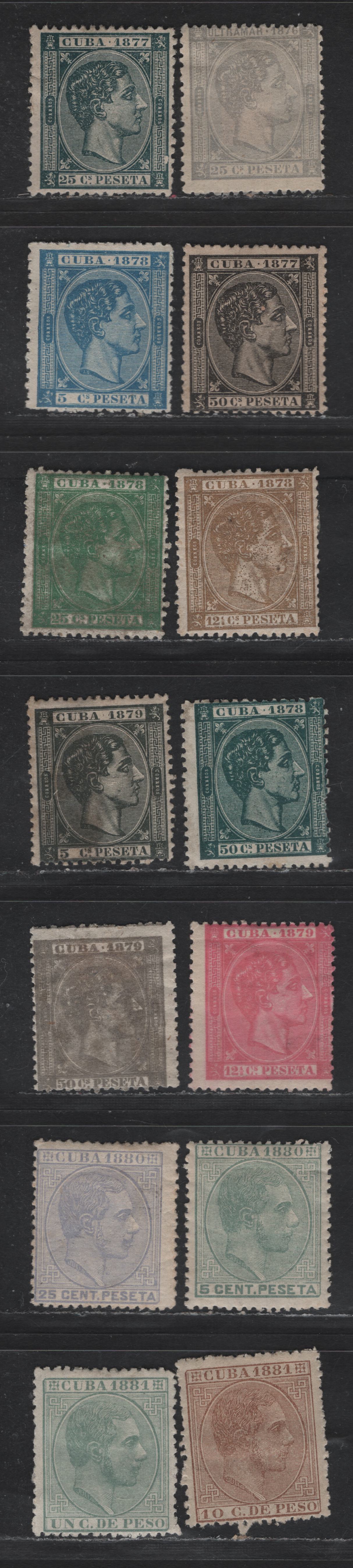 Lot 142 Cuba SC#68, 73-74, 76, 78, 79c, 82, 84, 86, 88, 91, 98b, 94 25c - 10c Gray - Pale Brown King Alfonso XII, 1876-1881 King Alfonso XII Issue, 13 VG/FOG & Unused Singles, 76, 80 Have No Gum