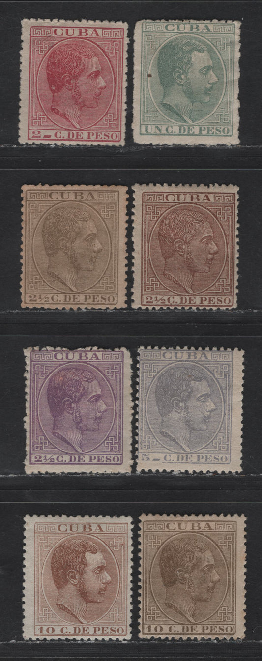 Lot 143 Cuba SC#100-102,b, 103-104, 124a, 127 1c - 10c Green - Brown King Alfonso XII, 1882-1886 King Alfonso XII Issue, 8 F/VFOG Singles, Small Internal Crease On 1c, Typical Centering For This Issue