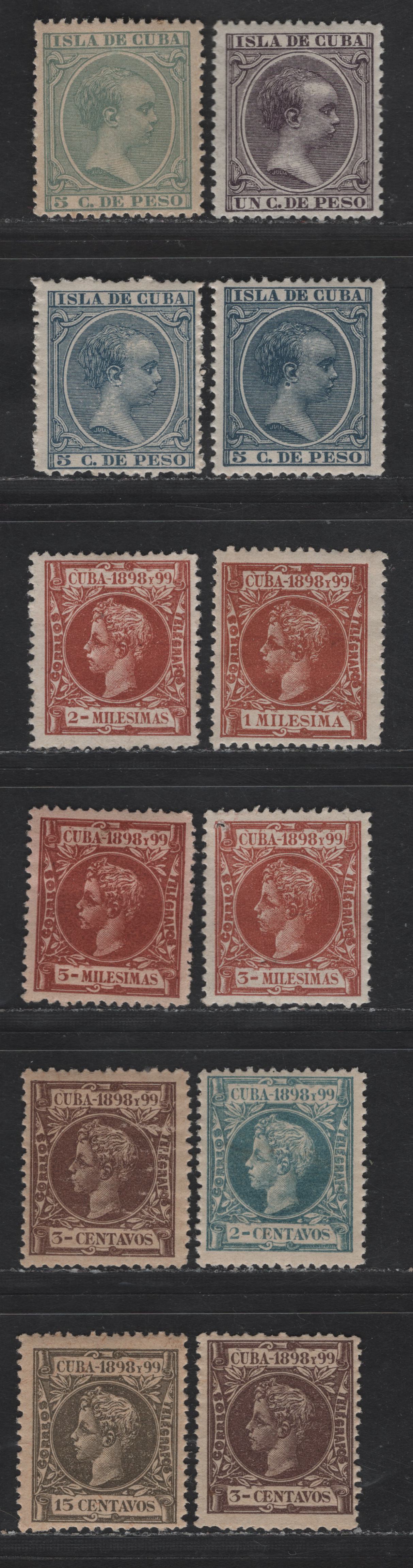 Lot 144 Cuba SC#135, 145-146, 156-158, 160, 162, 163, 169 1c - 15c Dark Violet - Slate Green King Alfonso XII, 1882-1886 King Alfonso XII Issue, 10 F/VFOG/NH Singles, Several Are NH
