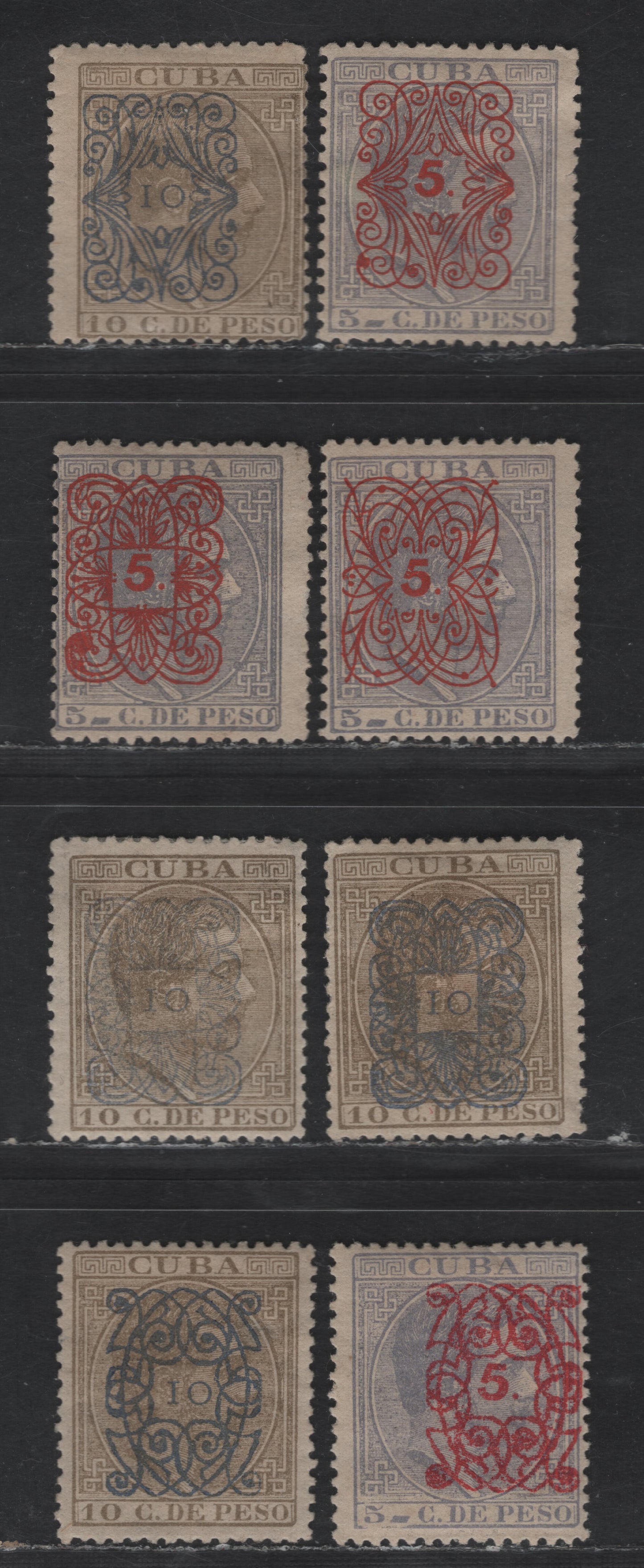 Lot 146 Cuba SC#106-107, 109, 112-113, 115-116 5c on 5c - 10c on 10c Blue Gray - Olive Bistre King Alfonso XII, 1883 Surcharge Issue, 8 VG/FOG & Unused Singles, Overprint Types 1-d, All 5c on 5c Except Type D Have No Gum