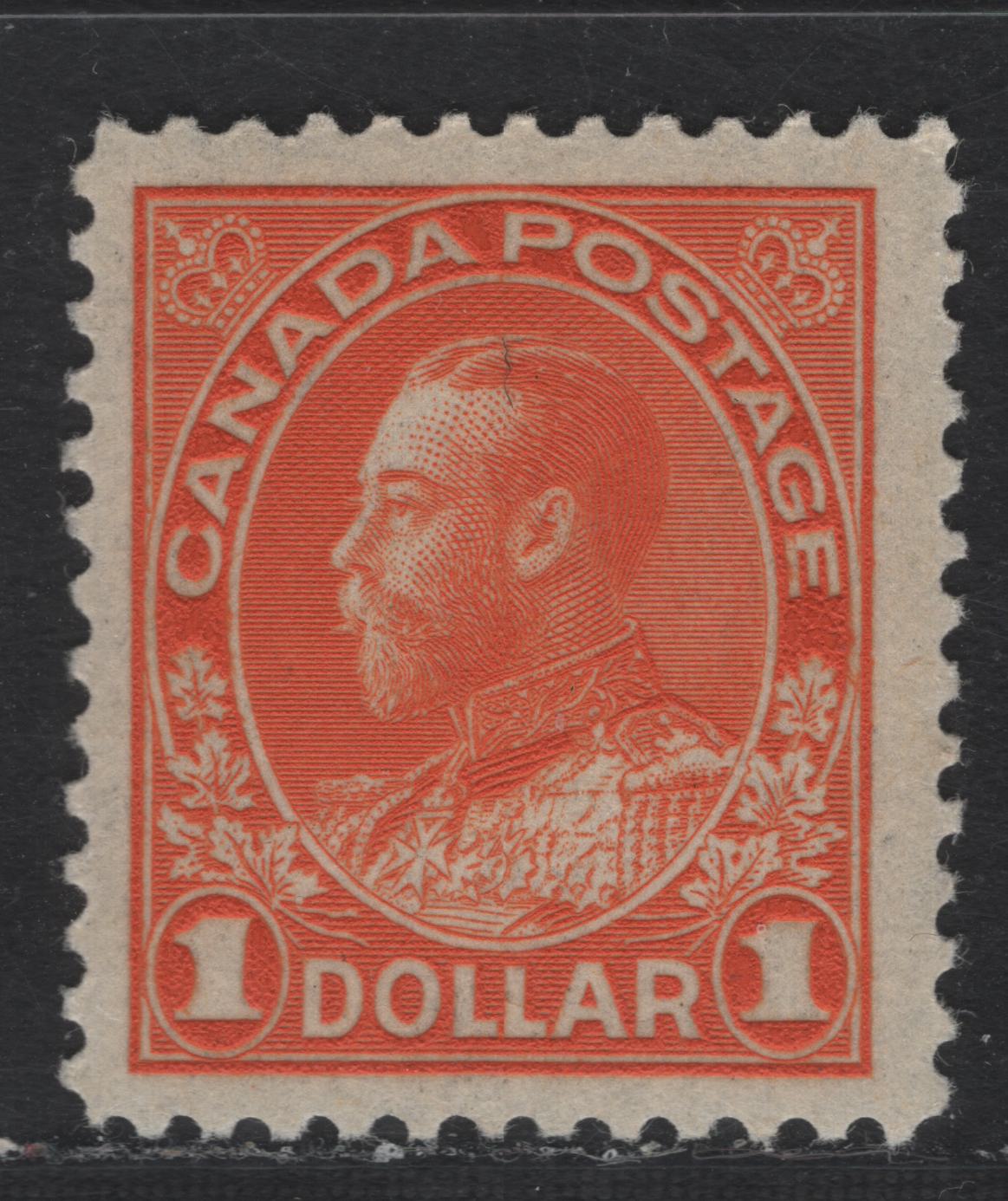 Lot 15 Canada #122 $1 Deep Orange King George V, 1911-1925 Admiral Issue, A VFOG Single, Dry Printing, Redrawn Frameline, Streaky Glossy Gum.