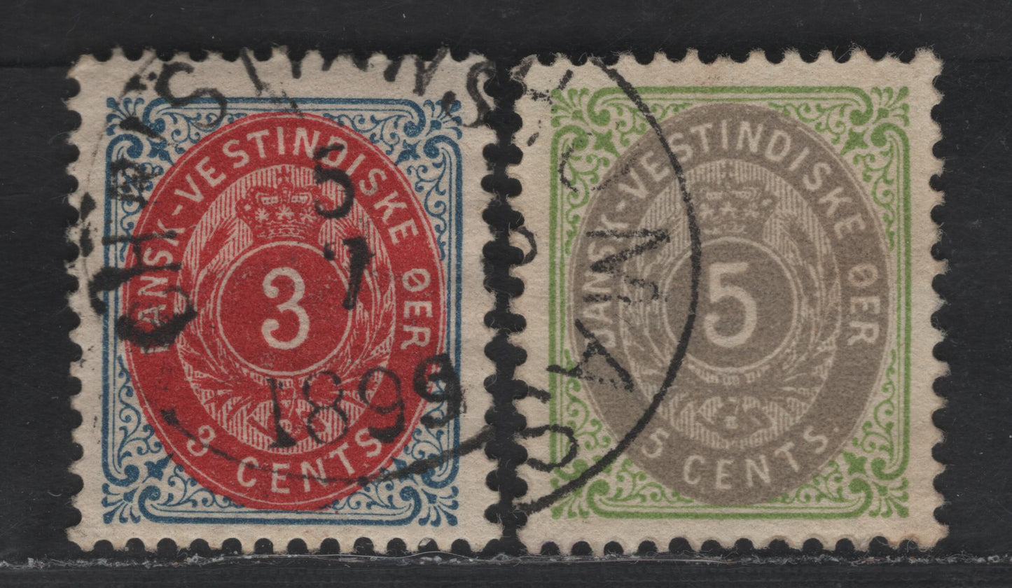 Lot 151 (C) Danish West Indies SC#17, 19 3c Blue & Lake - Green & Gray Numeral, 1896-1901 Numeral Issue, 2 Very Fine Used Singles, Inverted Frame, Perf 13, Crown Wmk.