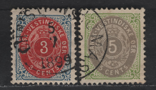 Lot 151 (C) Danish West Indies SC#17, 19 3c Blue & Lake - Green & Gray Numeral, 1896-1901 Numeral Issue, 2 Very Fine Used Singles, Inverted Frame, Perf 13, Crown Wmk.