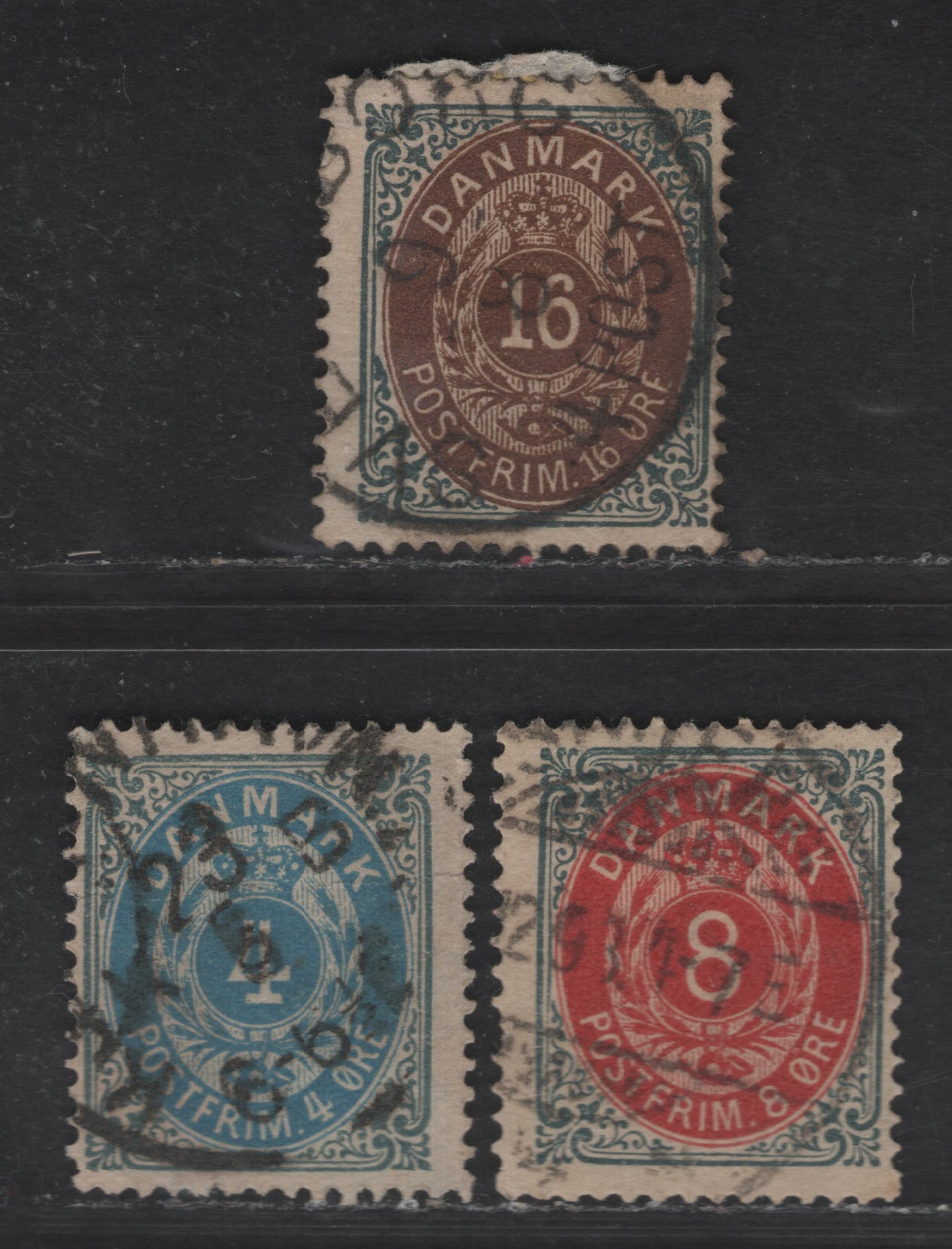 (C) Denmark SC#26e, 28, 30b 4o - 16o Slate & Blue - Slate & Brown Numeral, 1875-1879 Numeral Issue, 3 Fine Used Singles, Inverted Frames, Denominated In Ore, perf 14x13.5.
