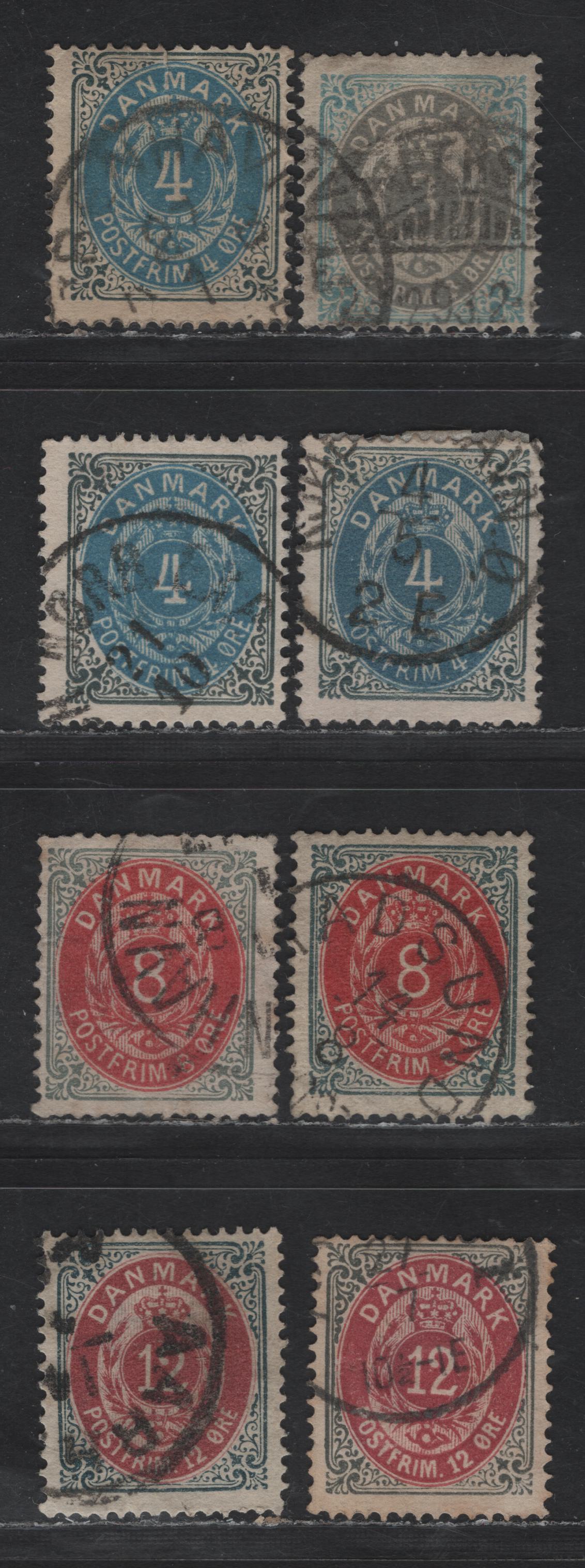 Lot 154 (C) Denmark SC#25-26, 28-a, 29-a 3o - 12o Gray Blue & Gray - Slate & Dull Clarer & Bright Lilac Numeral, 1875-1879 Numeral Issue, 8 Fine Used Singles, perf 14x13.5
