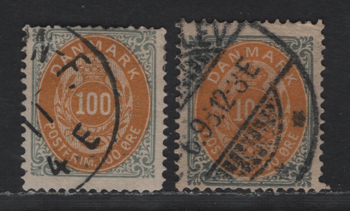 Lot 155 (C) Denmark SC#34 100o Gray & Orange - Slate & Orange Numeral, 1875-1879 Numeral Issue, 2 Fine Used Singles, Crown Wmk, Perf 14x13.5