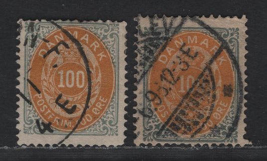 Lot 155 (C) Denmark SC#34 100o Gray & Orange - Slate & Orange Numeral, 1875-1879 Numeral Issue, 2 Fine Used Singles, Crown Wmk, Perf 14x13.5