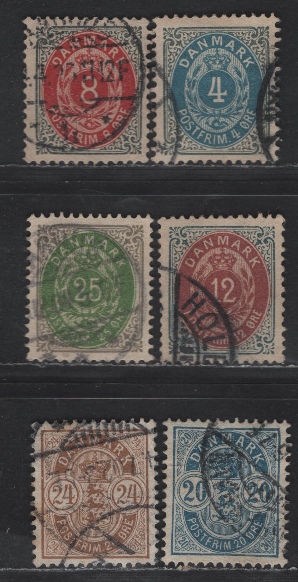 Lot 156 (C) Denmark SC#42, 44, 46, 48-50 4o - 25o Slate & Blue - Gray & Green Numerals, 1895-1901 Numeral Issue, 6 Very Fine Used Singles, Perf 13
