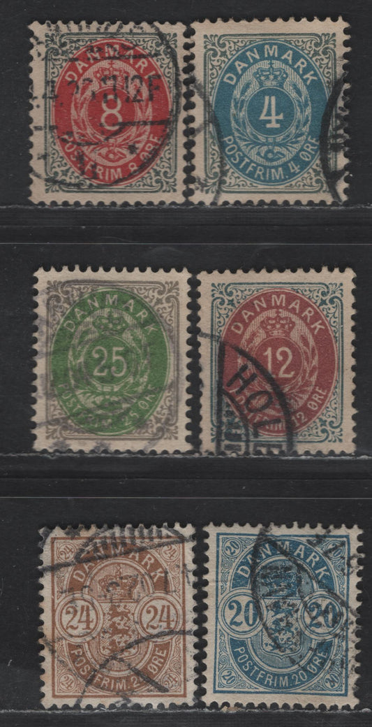 Lot 156 (C) Denmark SC#42, 44, 46, 48-50 4o - 25o Slate & Blue - Gray & Green Numerals, 1895-1901 Numeral Issue, 6 Very Fine Used Singles, Perf 13