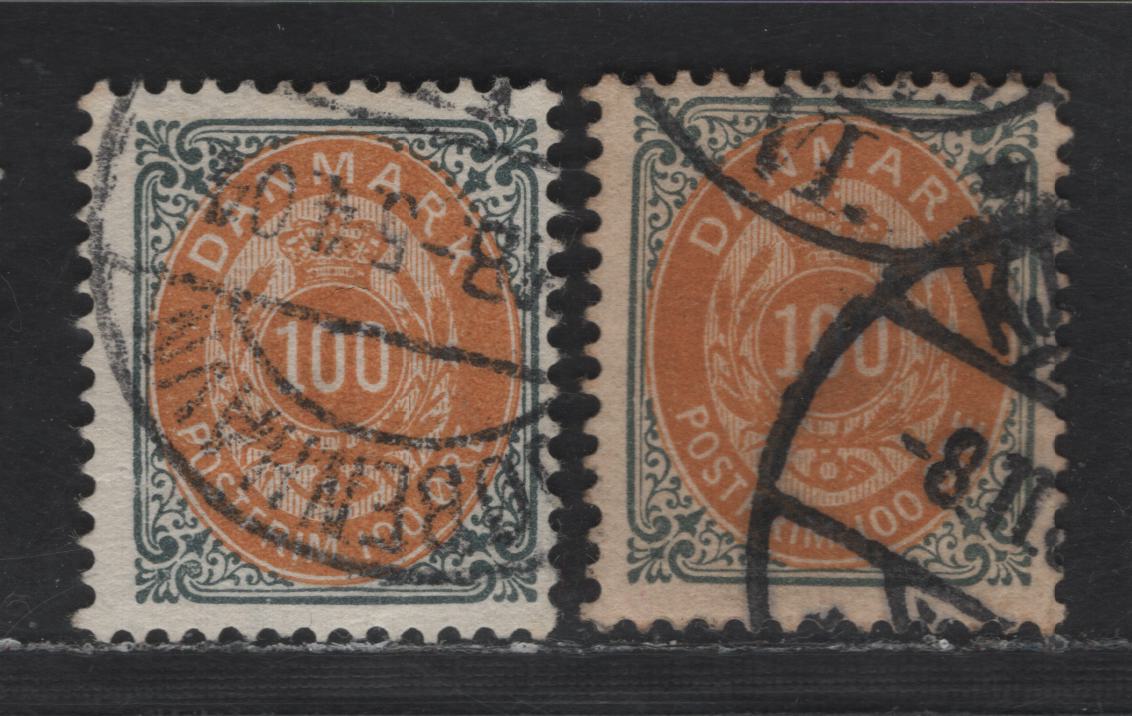Lot 157 Denmark SC#52 100o Slate & Orange Numerals, 1895-1901 Numeral Issue, 2 Fine Used Singles, Two Shades, Perf 13