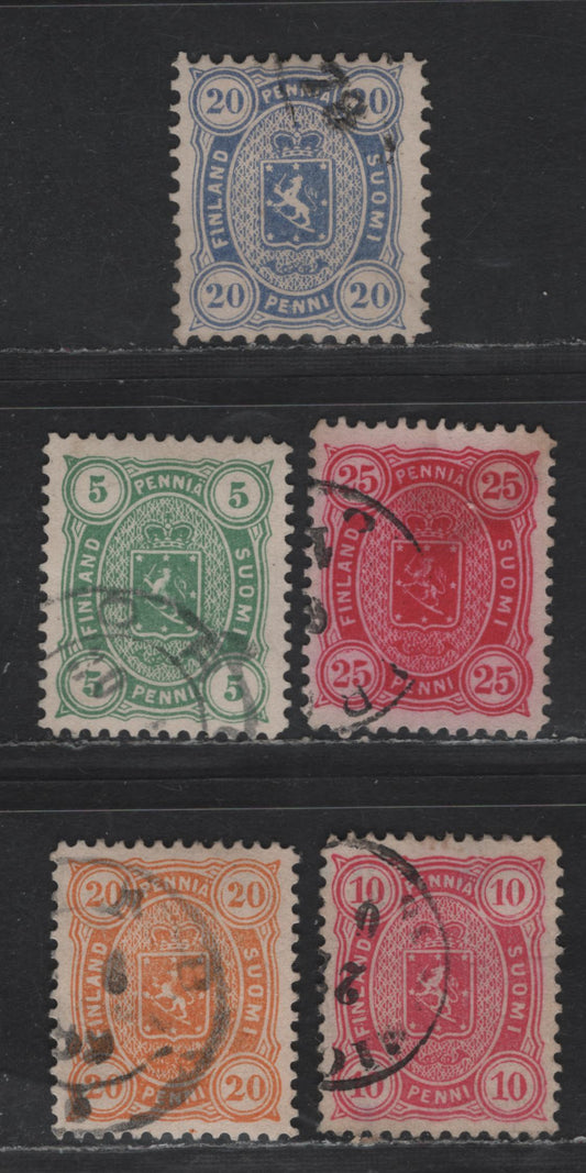 Lot 162 Finland SC#21, 29,31, 32a, 33 20p Ultramarine - Orange Coat of Arms, 1875-1885 Coat of Arms Issue, 5 Very Fine Used Singles, Perfs 11 & 12.5, 4 Numerals