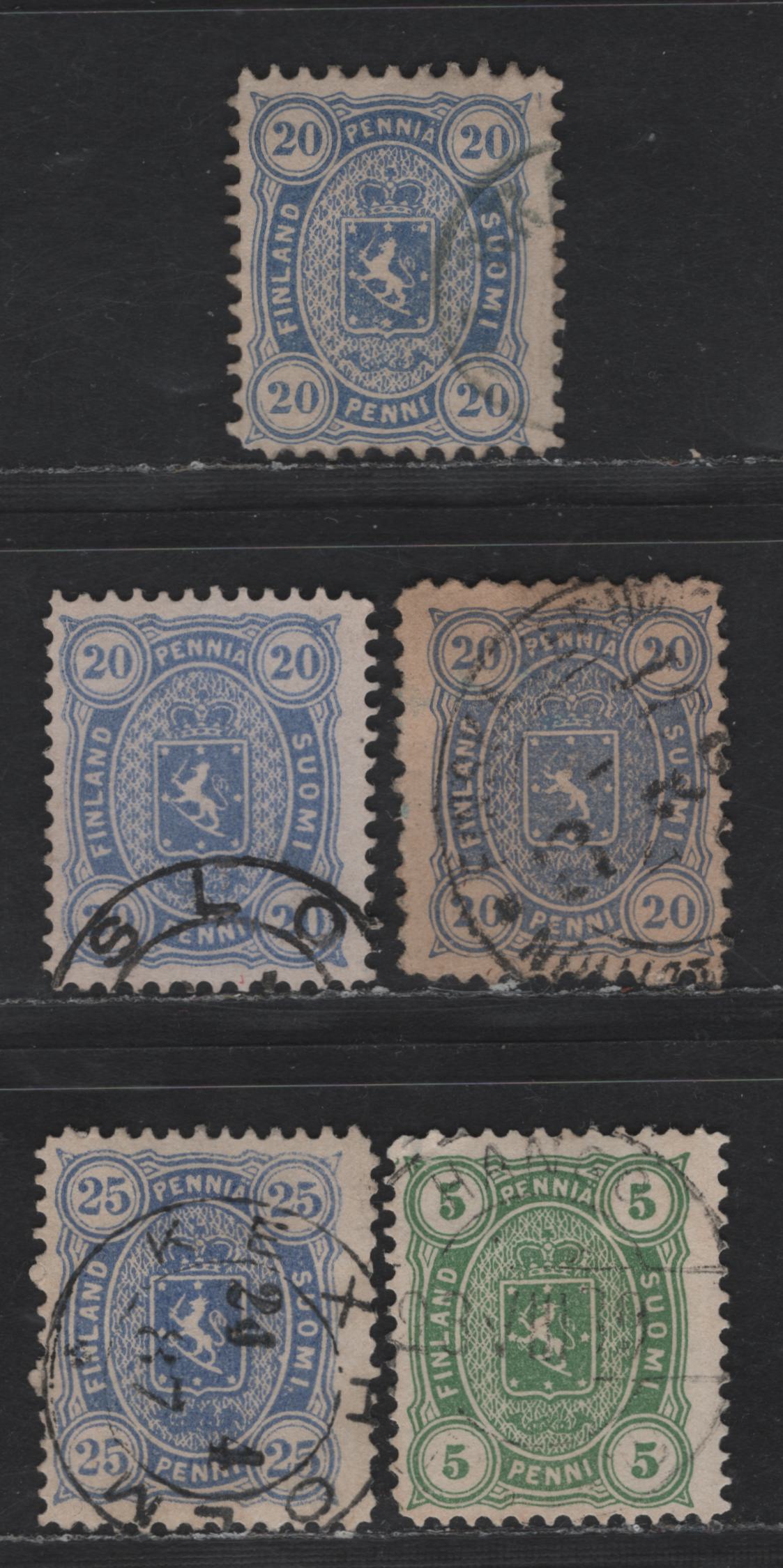 Lot 163 (C) Finland SC#21-a, 28, 31a, 34 20p - 25p Ultramarine Coat of Arms, 1875-1885 Coat of Arms Issue, 5 Fine Used Singles, Perfs 11 & 12.5, 4 Numerals